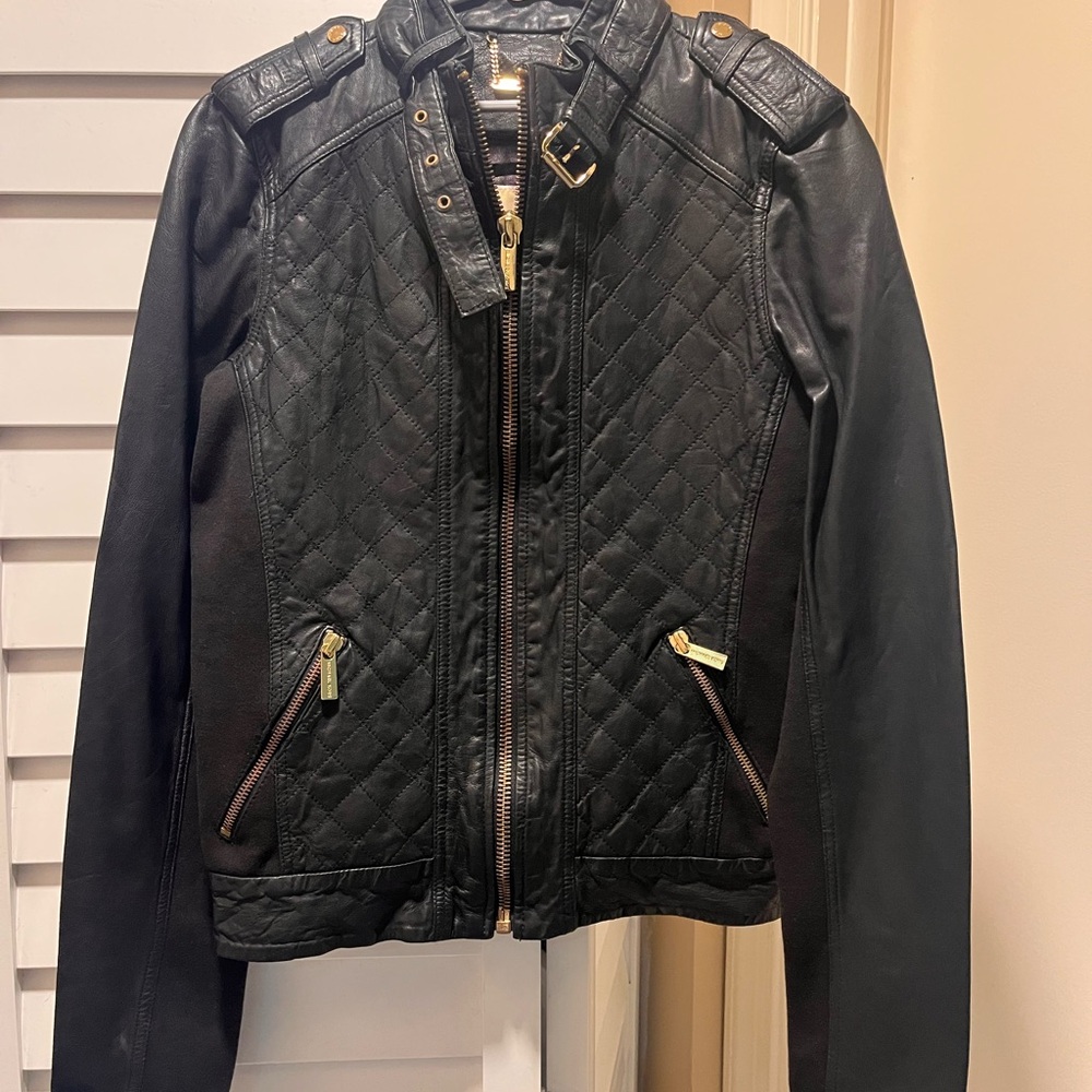 MICHAEL Michael Kors Black Leather Jacket with Gold Chain Detail